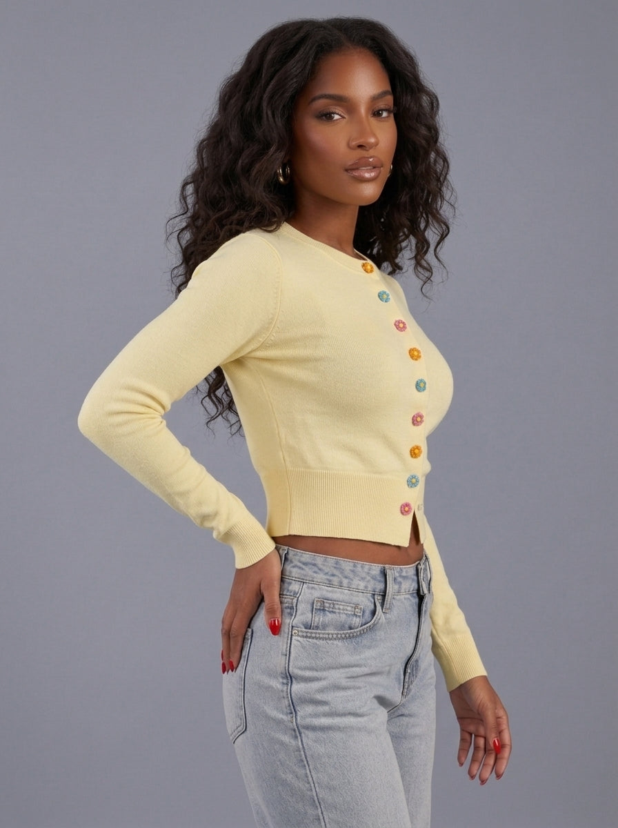 Cardigan Fleuri Sweetheart – Jaune – URBAD, vue 2
