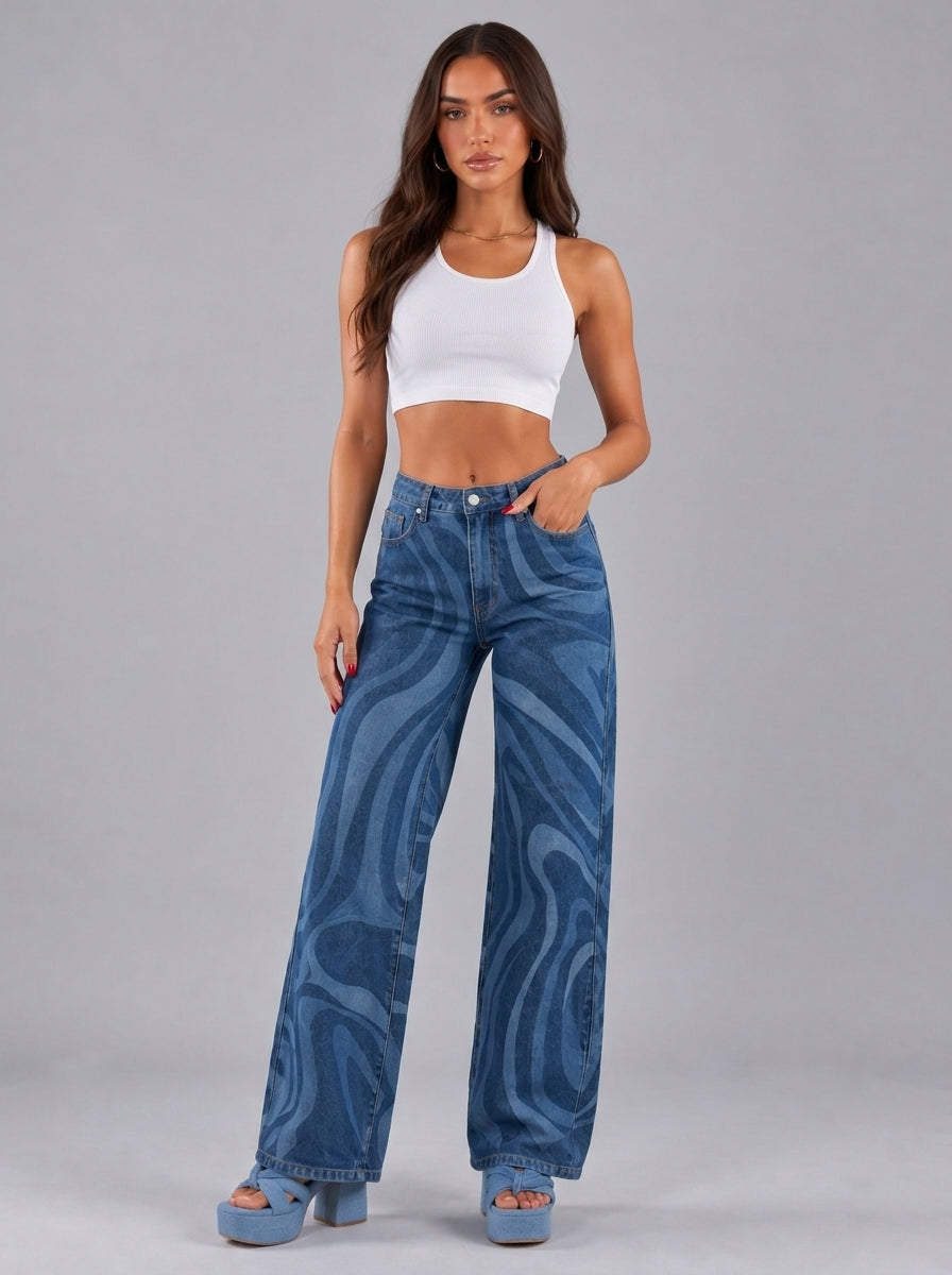 Jean Motif Abstrait Rooftop – Bleu